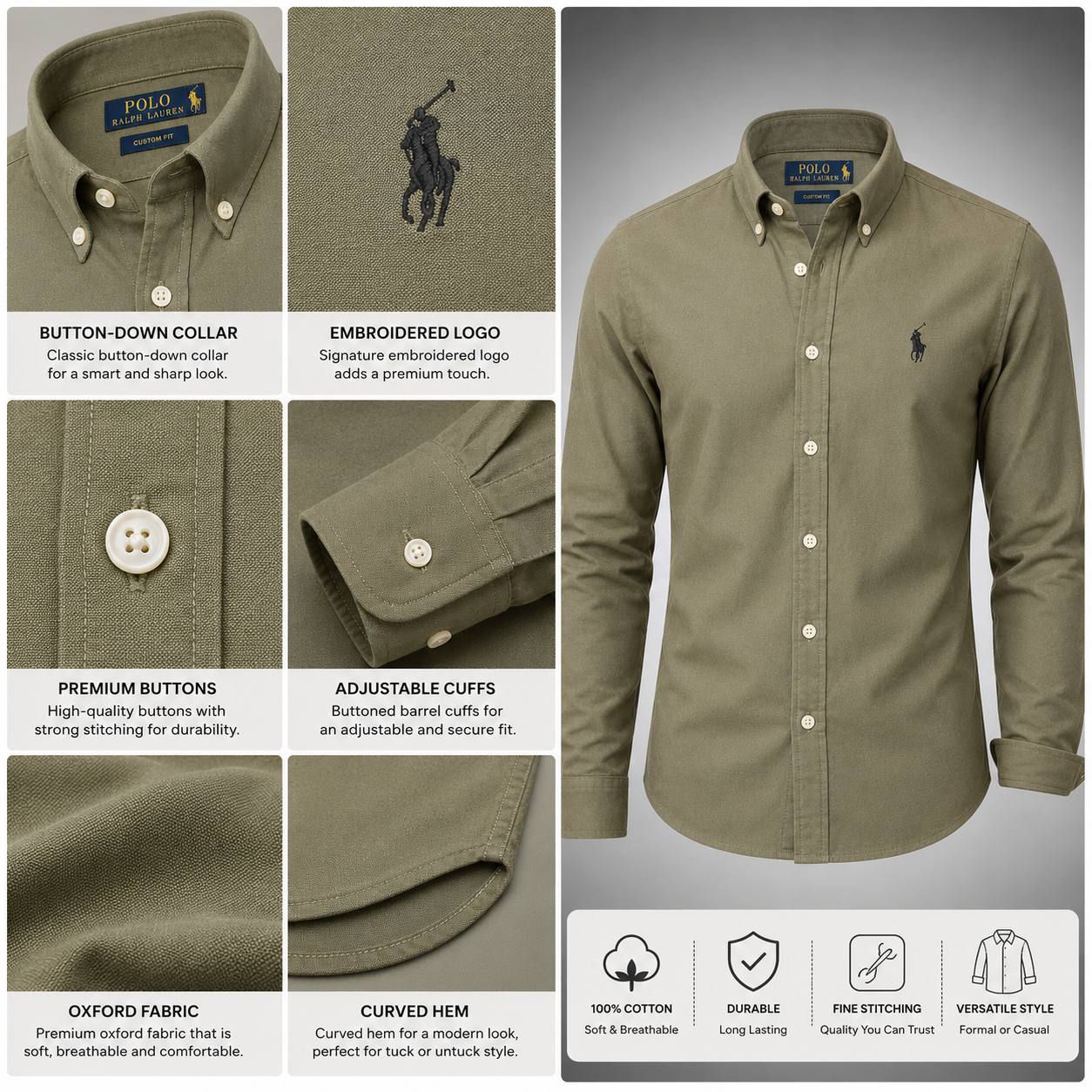 Po_lo RAL_PH LAU_REN Men’s Premium Olive Khaki Oxford Shirt – Embroidered Button-Down Full Sleeve Shirt