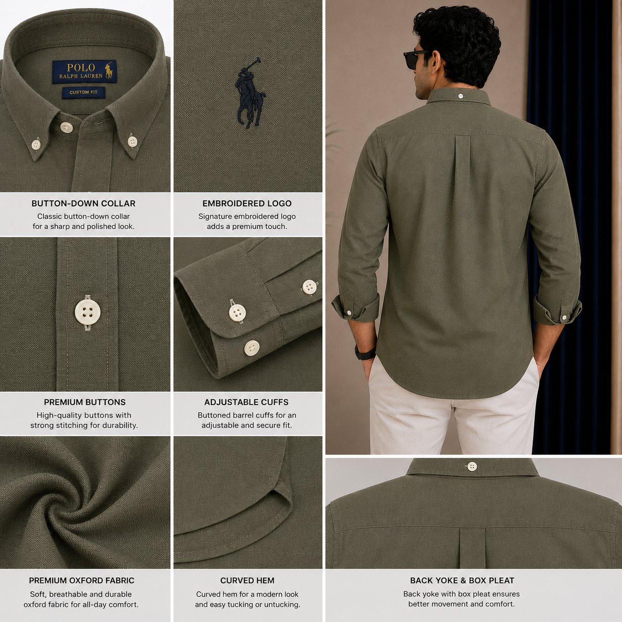 Po_lo RAL_PH LAU_REN Men’s Premium Dark Olive Green Oxford Shirt – Embroidered Button-Down Full Sleeve Shirt