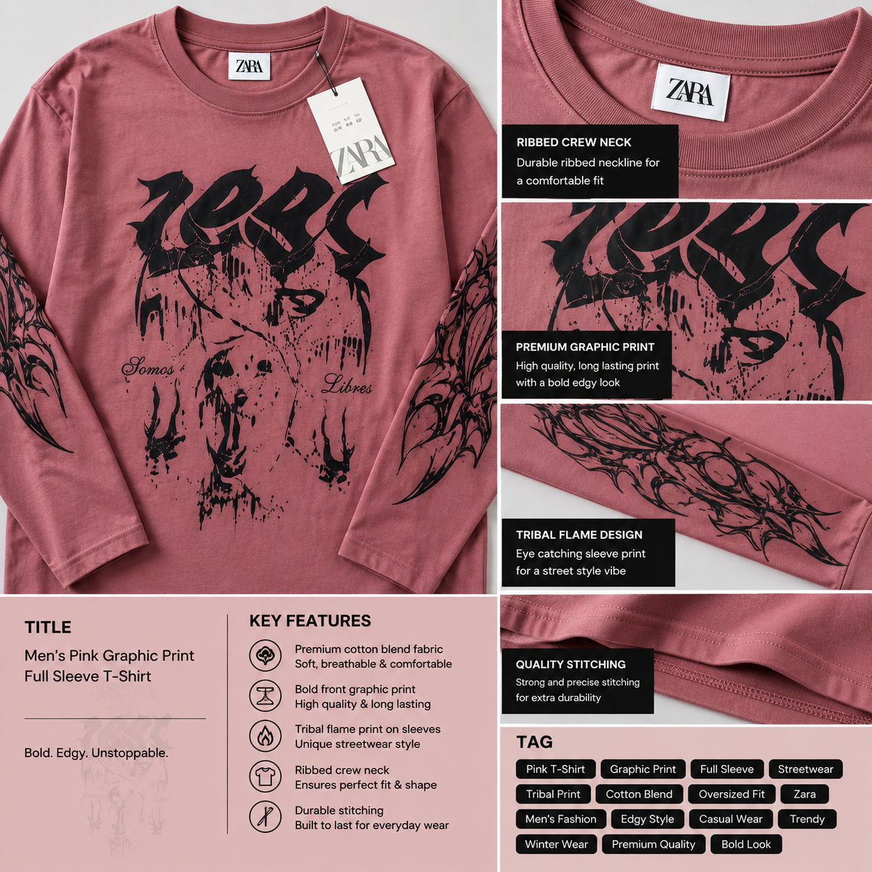 za_ra Men's Dusty Pink Oversized Graphic Print Full Sleeve T-Shirt