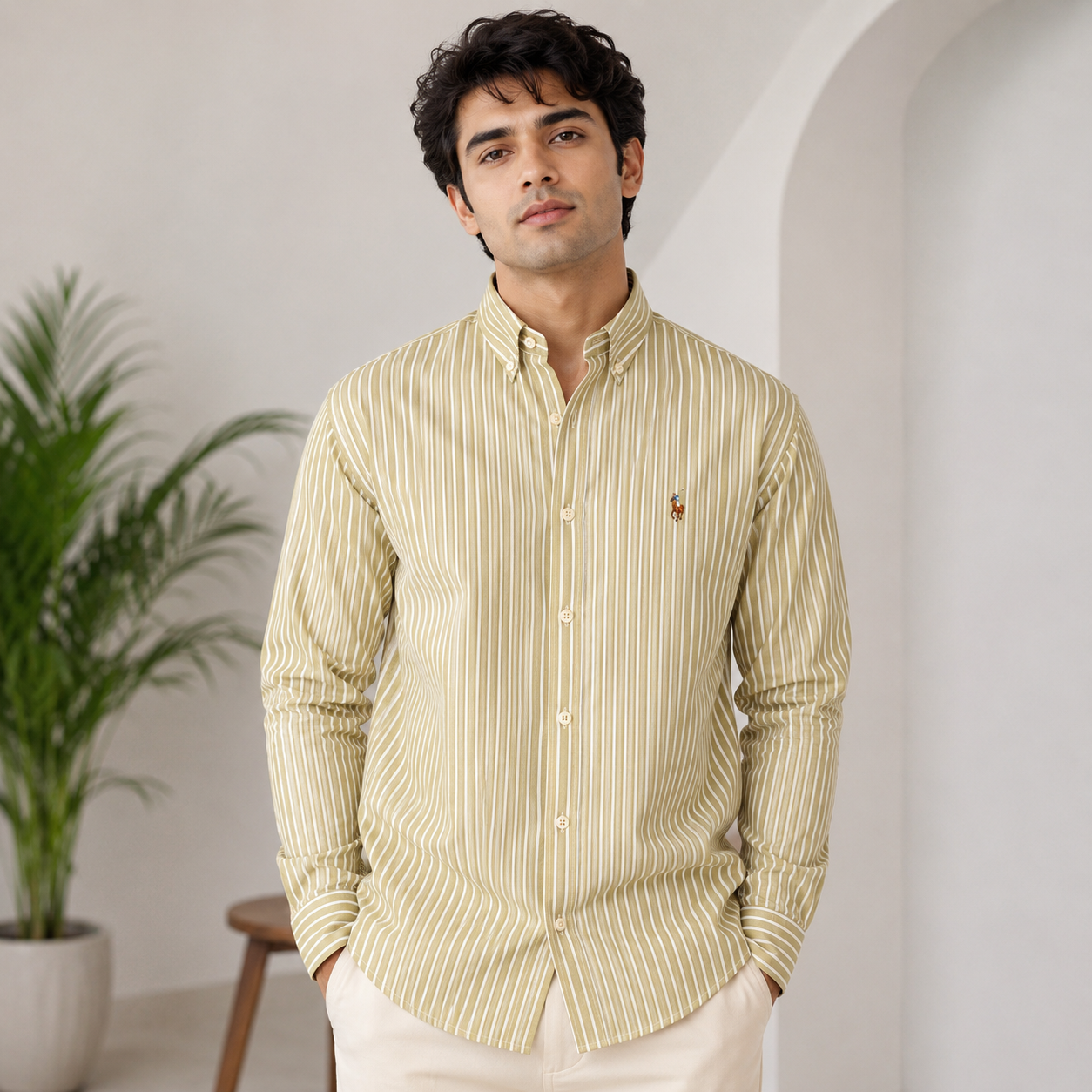 Po_lo Men's Olive Striped Premium Cotton Casual Shirt | Full Sleeves | Regular Fit