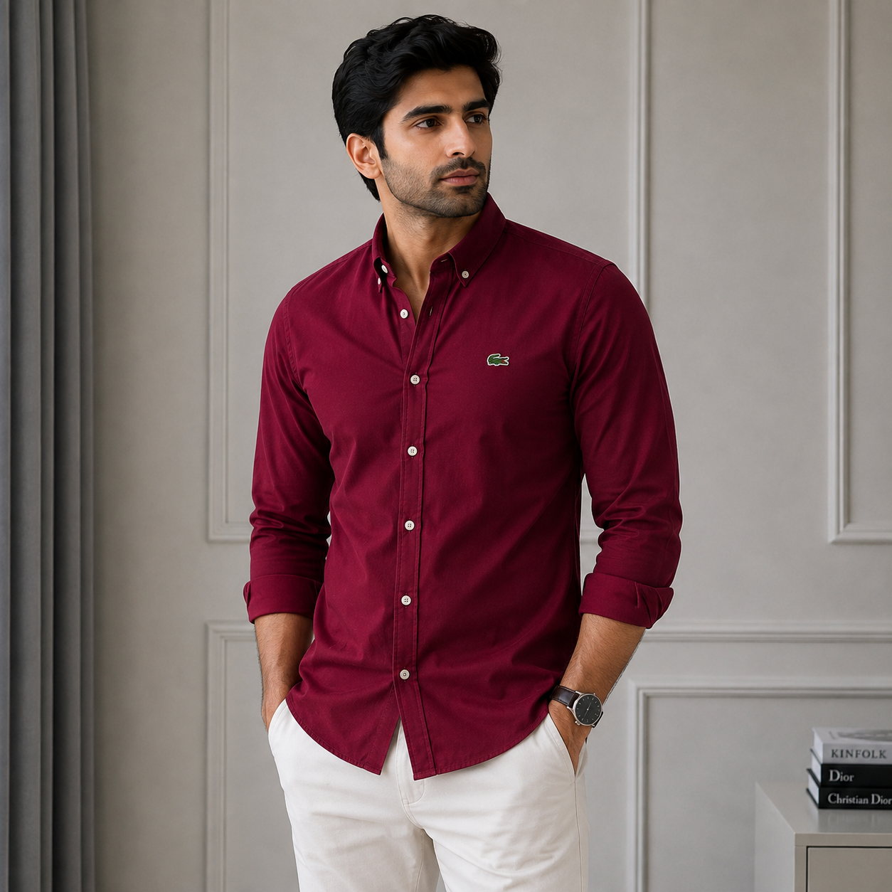 Lac_oste Men’s Red Classic Fit Button-Down Shirt – Premium Casual Wear
