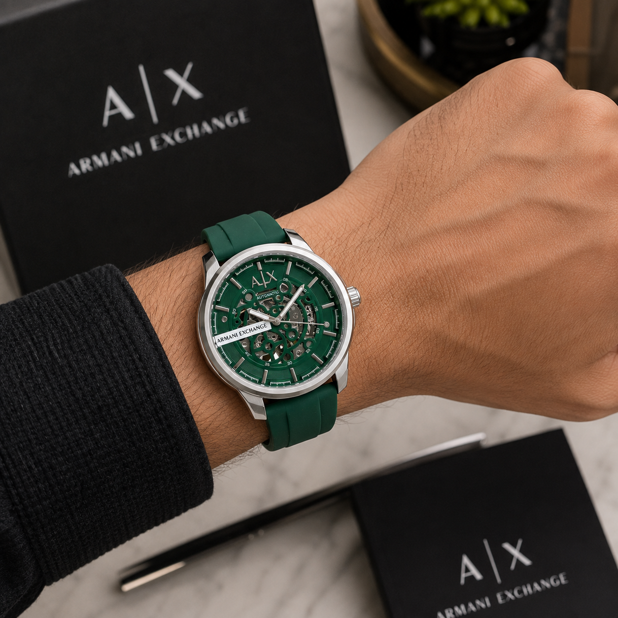 Ar_mani Exc_hange A_|_X Automatic Skeleton Dial Men’s Watch – Green Silicone Strap & Silver Case