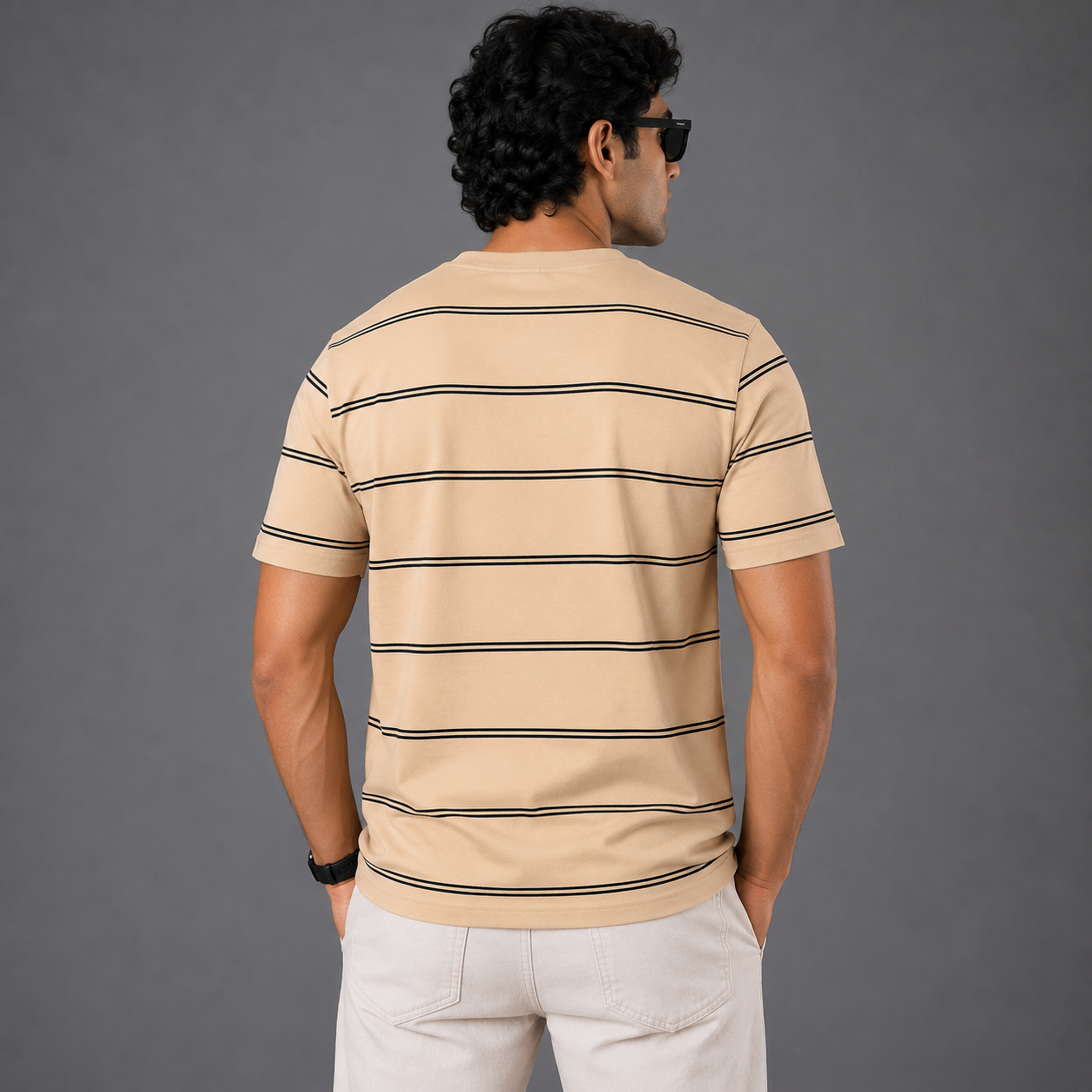 Po_lo Ra_lph Lau_ren Men’s Dark Cream Striped Crew Neck T-Shirt – Brown Ralph Embroidered Logo