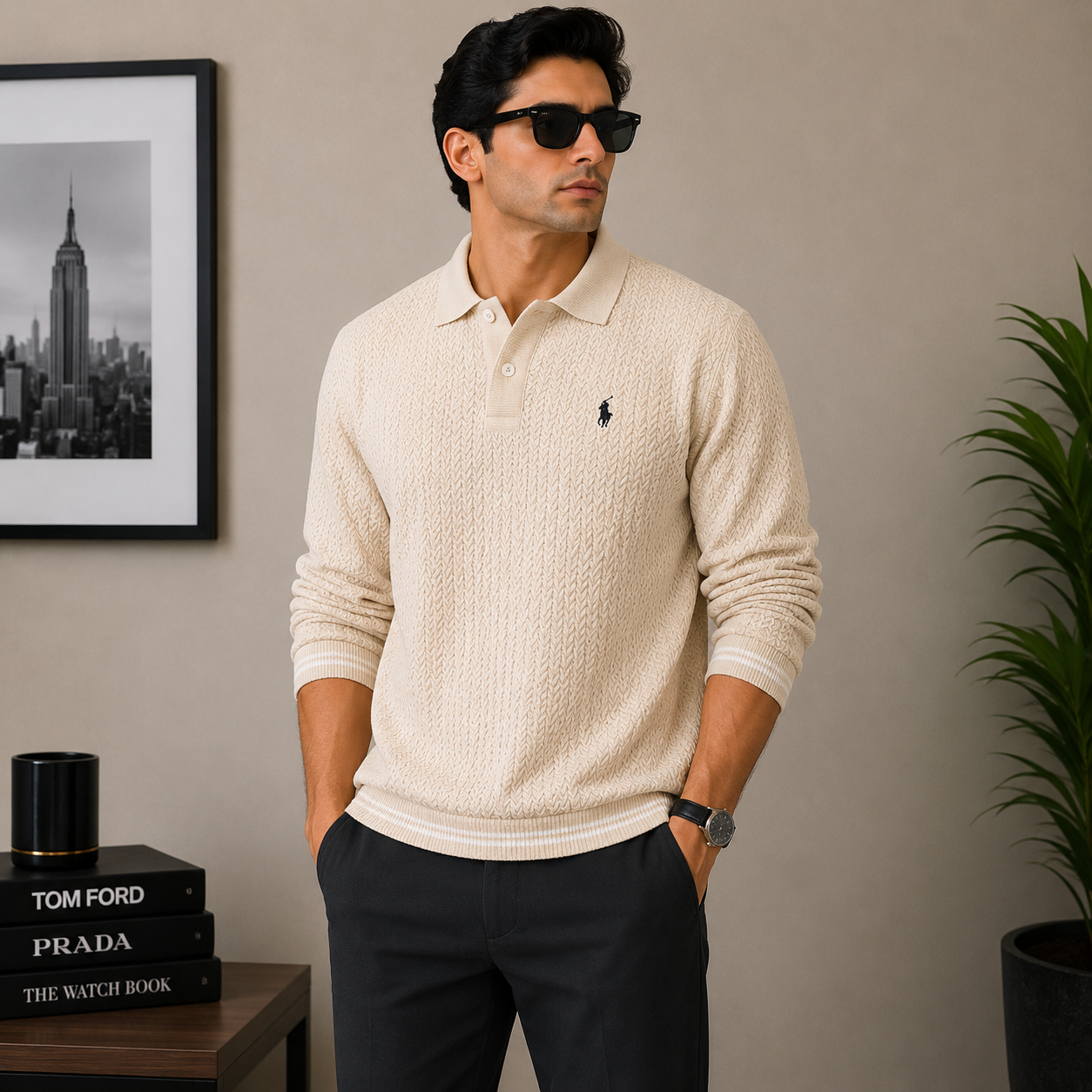 po_lo Men's Premium Beige Textured Knit Polo T-Shirt with Contrast Stripe Cuffs
