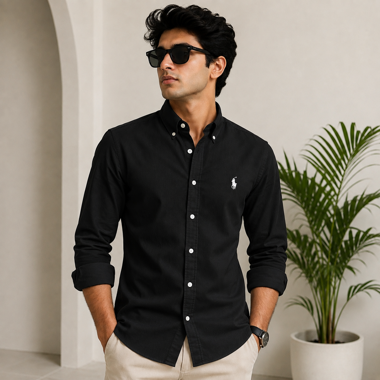 Po_lo RAL_PH LAU_REN Men’s Premium Black Oxford Shirt – Embroidered Button-Down Full Sleeve Shirt