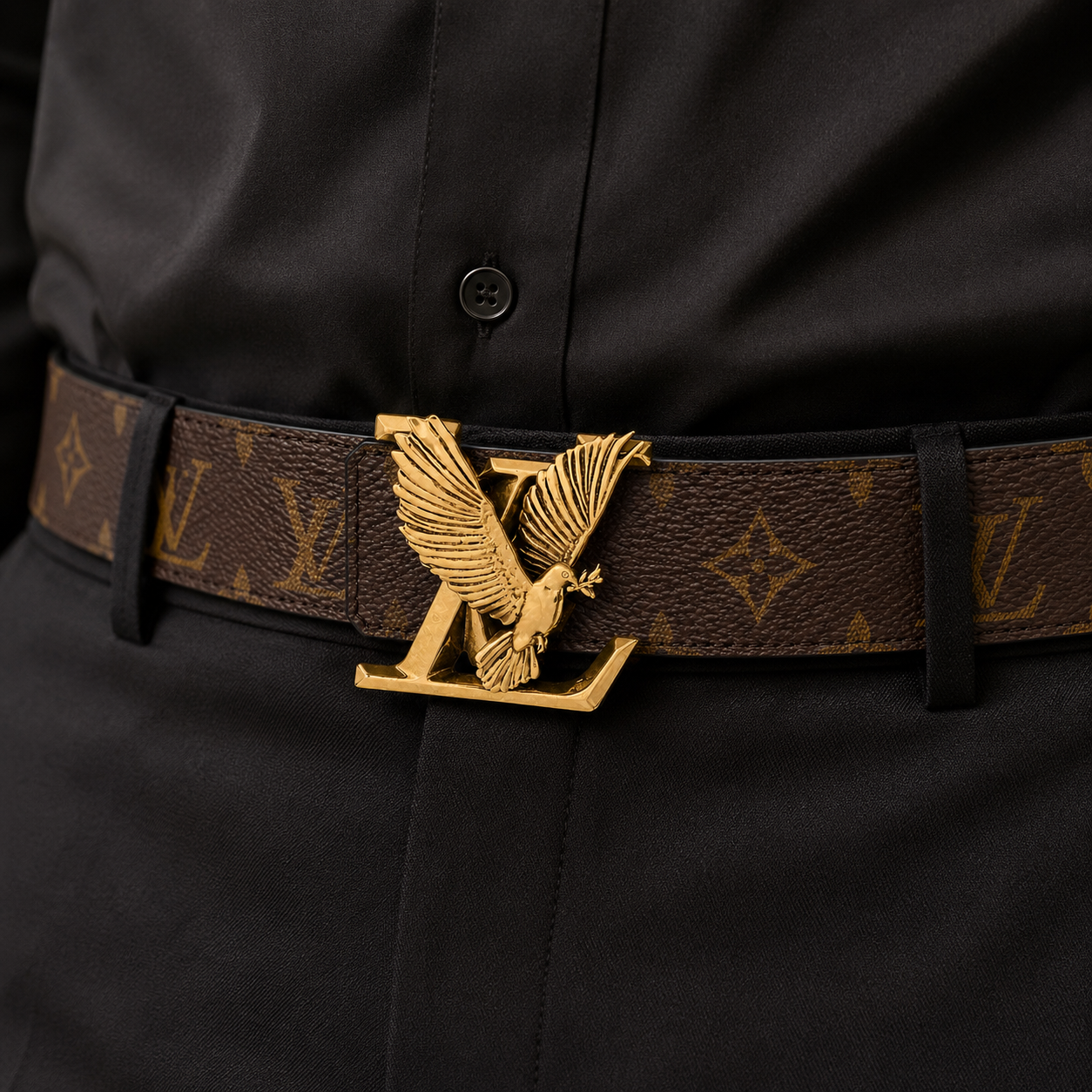 Lo_uis Vui_tton Monogram Brown Belt with Gold Eagle L_V Buckle – Luxury Men’s Belt