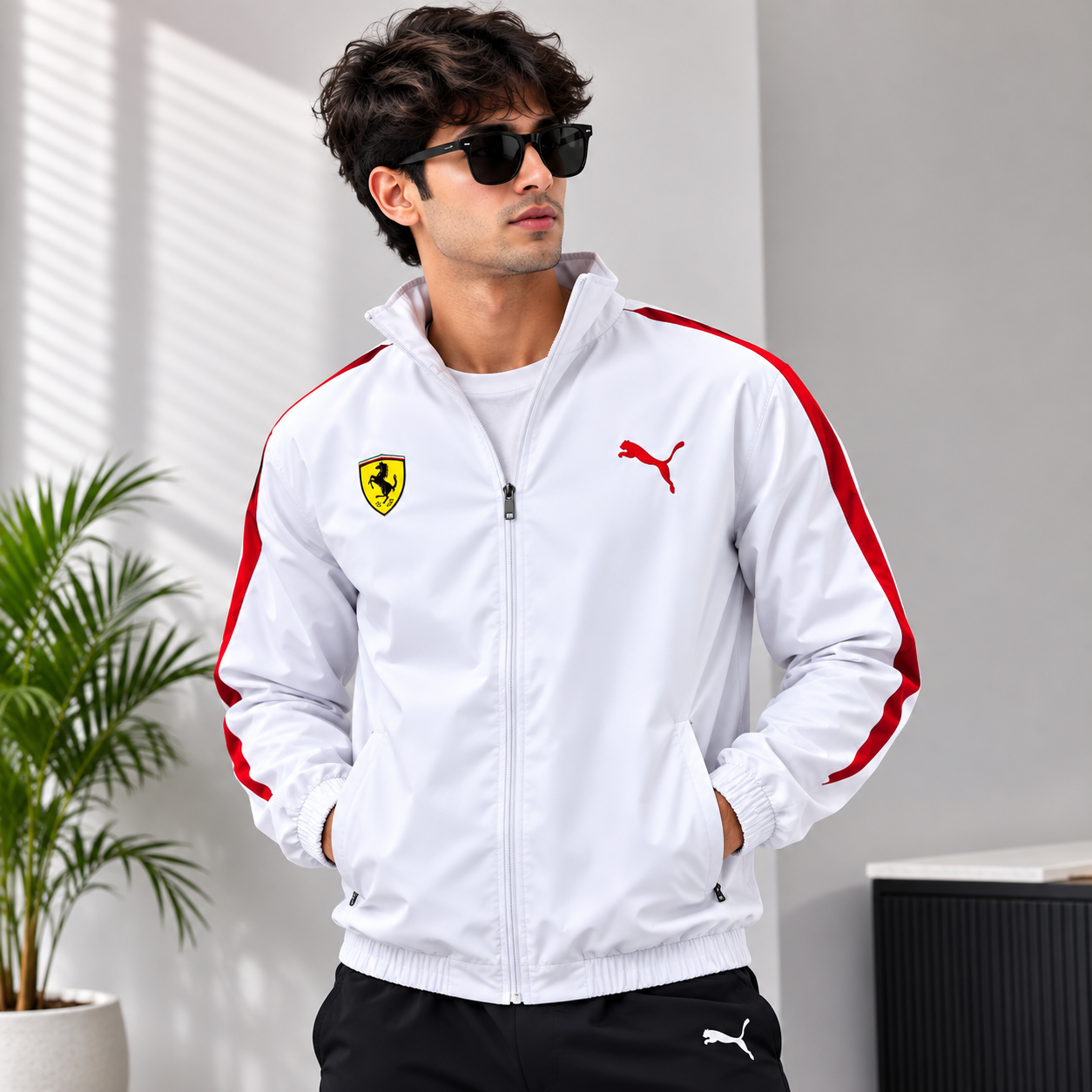 Pu_ma Men's White Ferrari Style Track Jacket | Lightweight Full Zip Sports Windbreaker