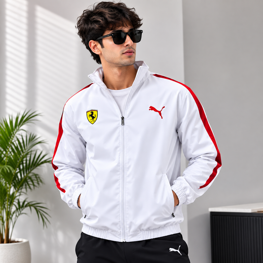 Pu_ma Men's White Ferrari Style Track Jacket | Lightweight Full Zip Sports Windbreaker