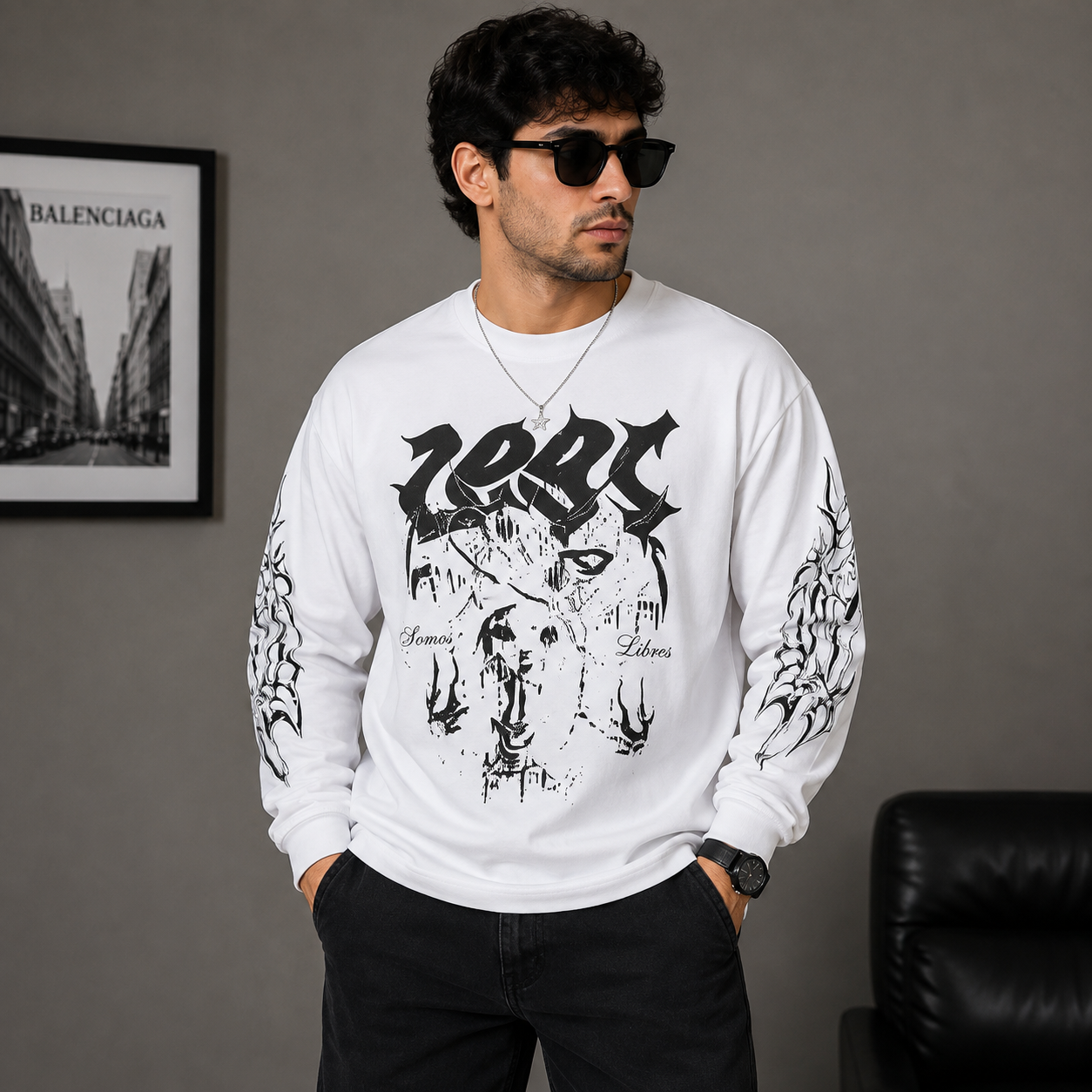 za_ra Men's White Oversized Graphic Print Full Sleeve T-Shirt