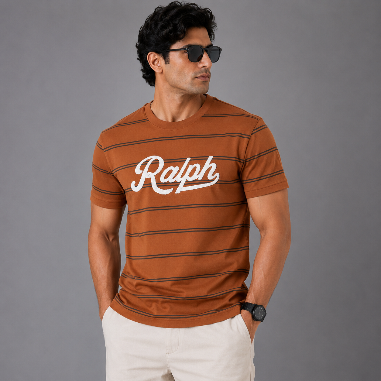 Po_lo Ral_ph Laur_en Men’s Rust Brown Striped Crew Neck T-Shirt – White Ralph Embroidered Logo