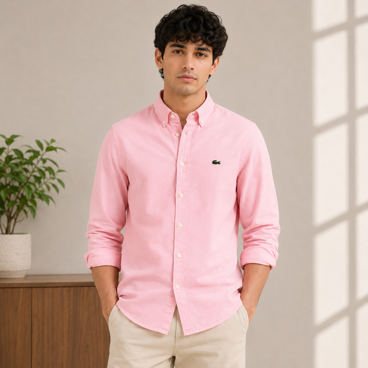 Lac_oste Men’s Pink Slim Fit Button-Down Shirt – Signature Crocodile Logo