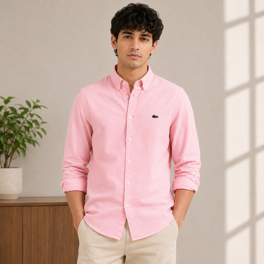 Lac_oste Men’s Pink Slim Fit Button-Down Shirt – Signature Crocodile Logo