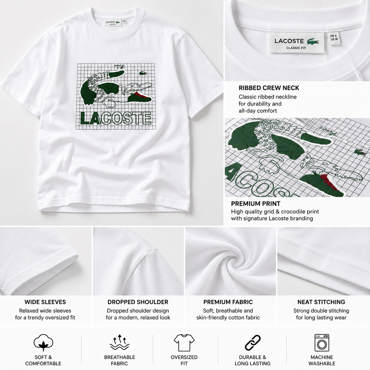 Lac_oste Men’s White Graphic T-Shirt | Premium Crocodile Print Oversized Crew Neck Tee