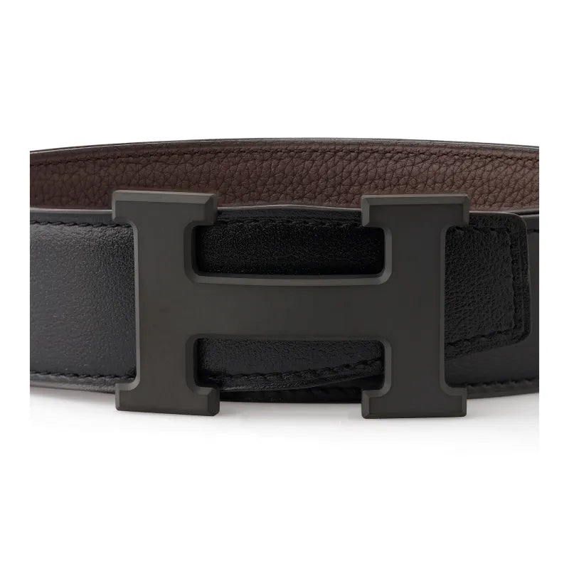 HERMES Constance Metallic Cowhide Belt Men's Chocolate/Black Width 3.2cm