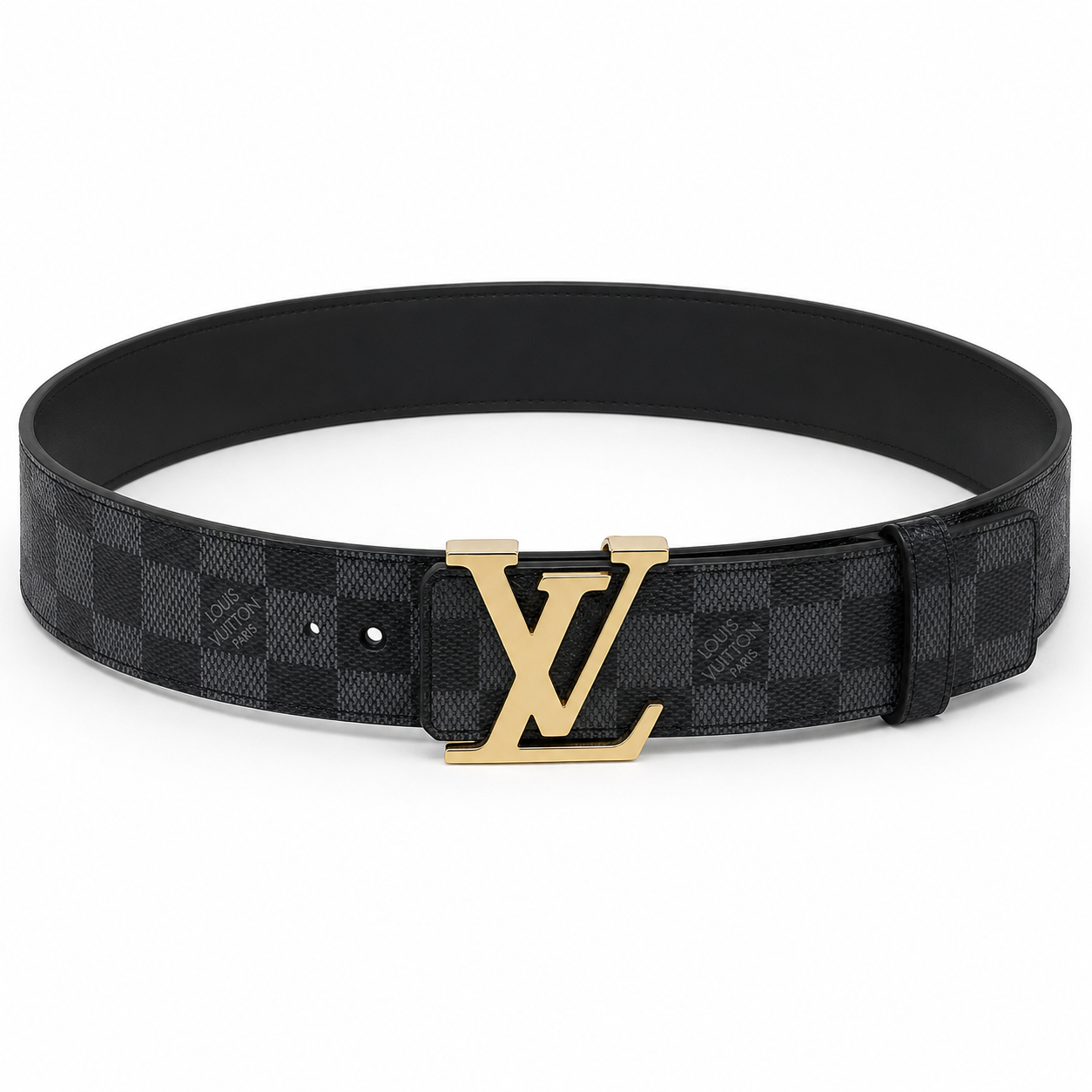 Lo_uis Vuitton Damier Graphite Black Belt with Gold L_V Buckle – Luxury Men’s Designer Belt