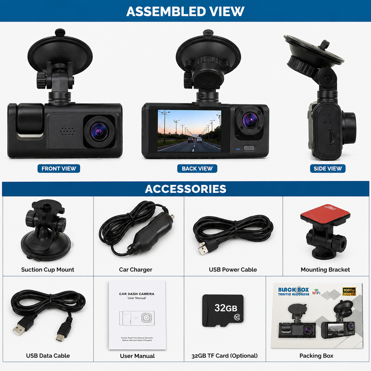 1080P Full HD WiFi Car Dash Camera – Black Box Traffic Recorder with Display & Suction Mount