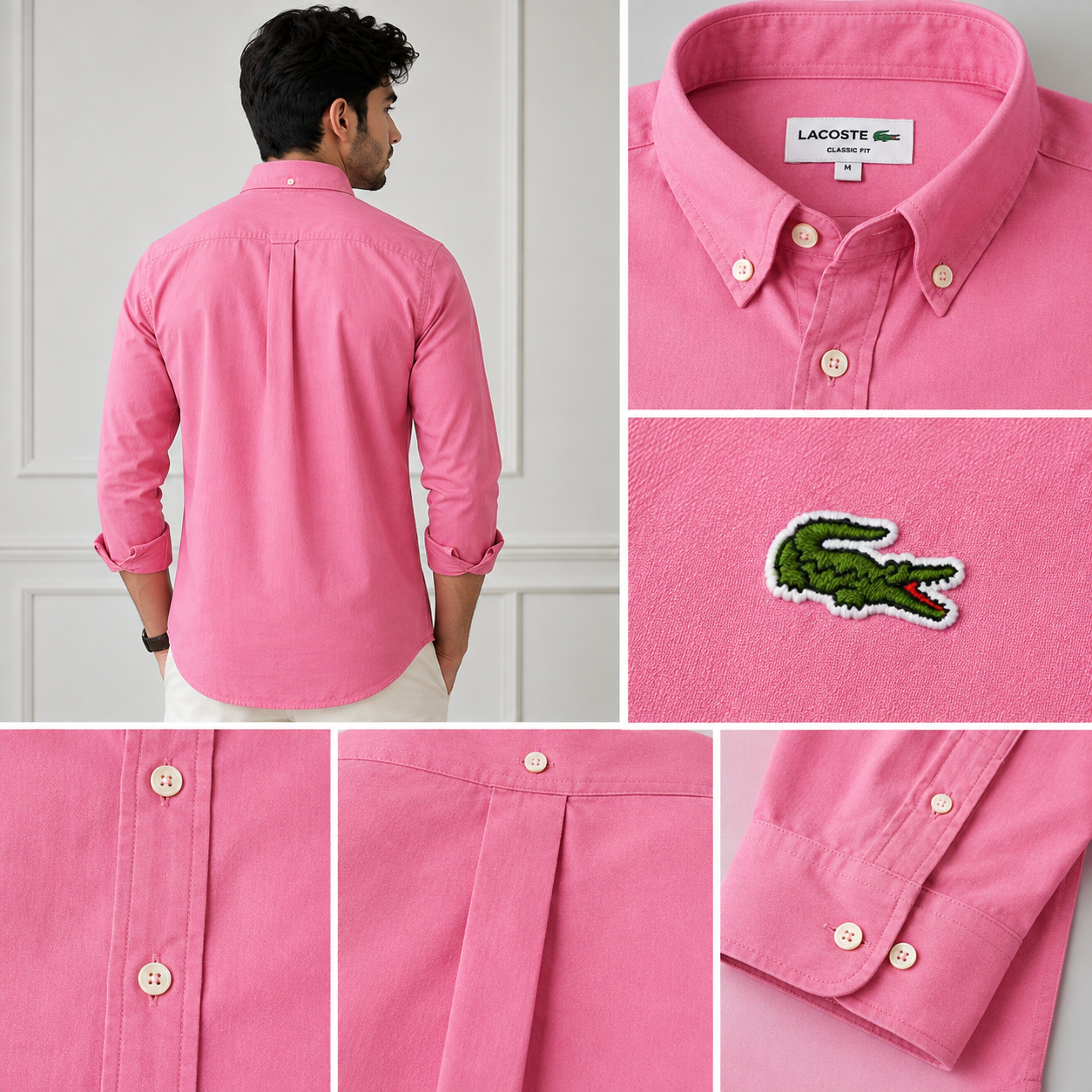 Lac_oste Men’s Pink Classic Fit Button-Down Shirt – Premium Casual Wear