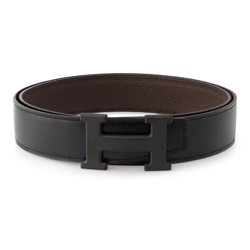 HERMES Constance Metallic Cowhide Belt Men's Chocolate/Black Width 3.2cm