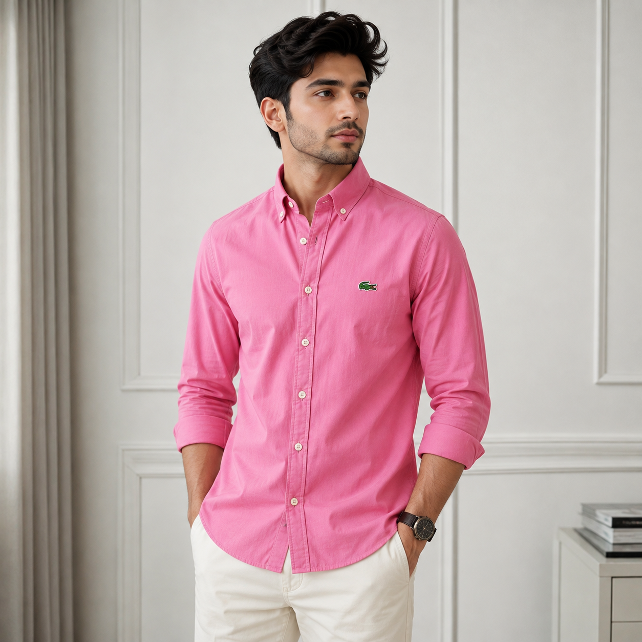 Lac_oste Men’s Pink Classic Fit Button-Down Shirt – Premium Casual Wear
