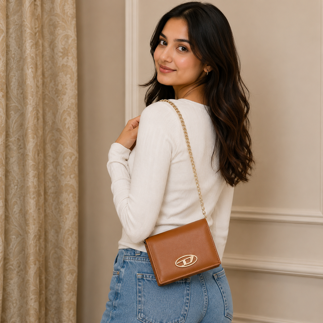 DIE_SEL Women’s Rust Brown Chain Shoulder Bag – Premium Compact Crossbody Handbag