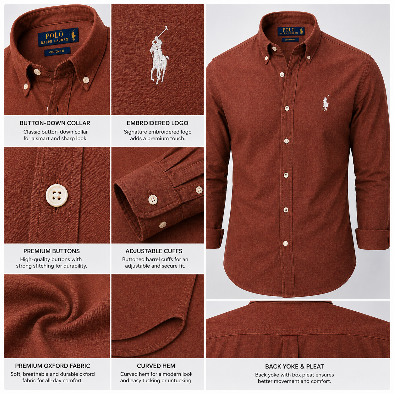 Po_lo RAL_PH LAU_REN Men’s Premium Rust Brown Oxford Shirt – Embroidered Button-Down Full Sleeve Shirt