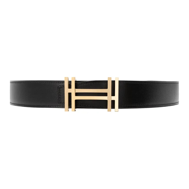 HERMES Double H Block Gold Buckle Togo Calfskin Reversible Leather Belt Men's Black/Tin Grey Width 3.2cm