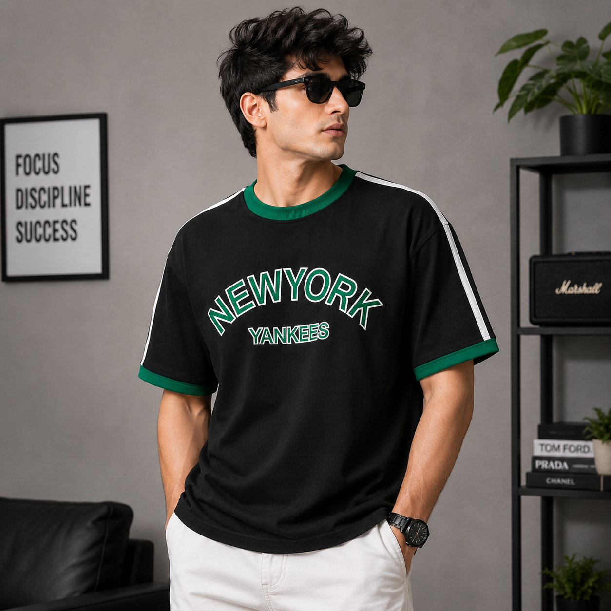 N_ew Yo_rk Yan-kees Oversized Black Contrast Stripe T-Shirt for Men
