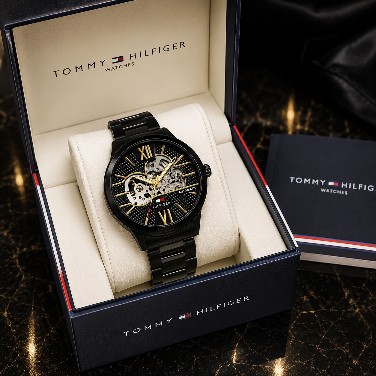 Tom_my Hilfi_ger Men’s Automatic Skeleton Watch – Black Stainless Steel & Gold-Tone Dial