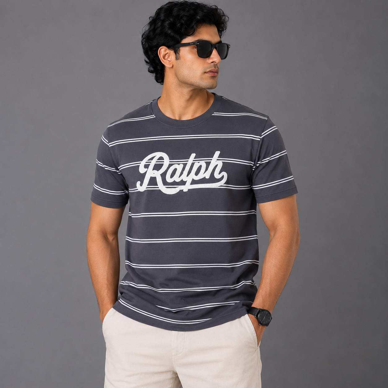 Po_lo Ral_ph Lau_ren Men’s Charcoal Grey Striped Crew Neck T-Shirt – White Ralph Embroidered Logo