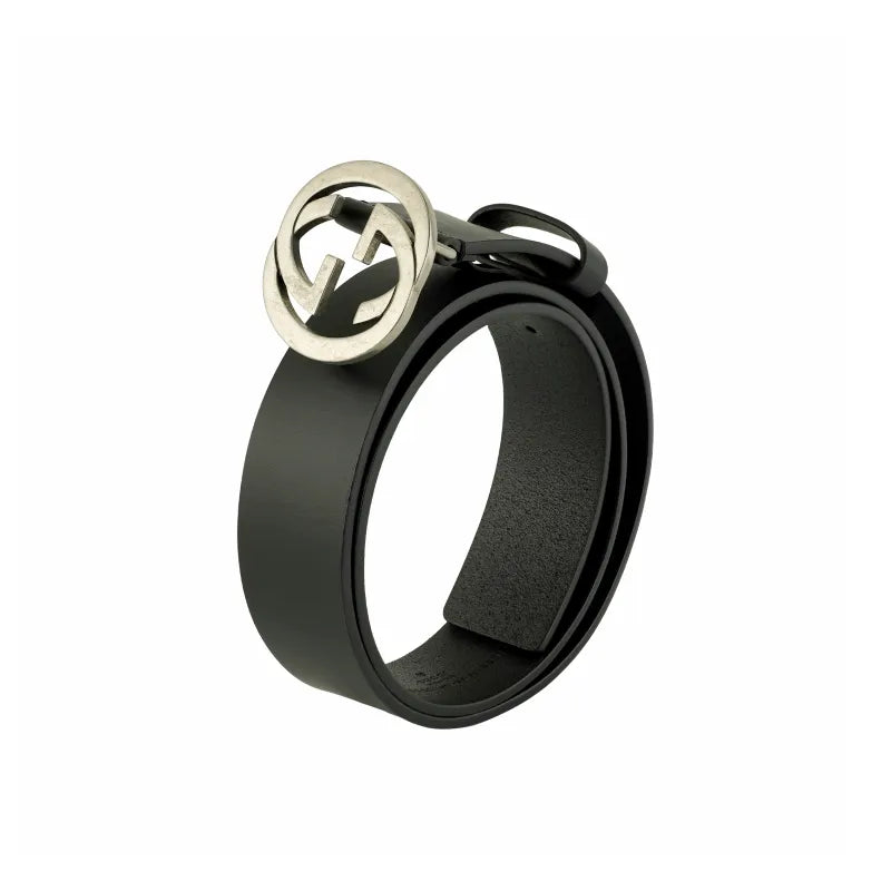 Guci Interlocking G Leather Belt Men's Black 3.8cm Width