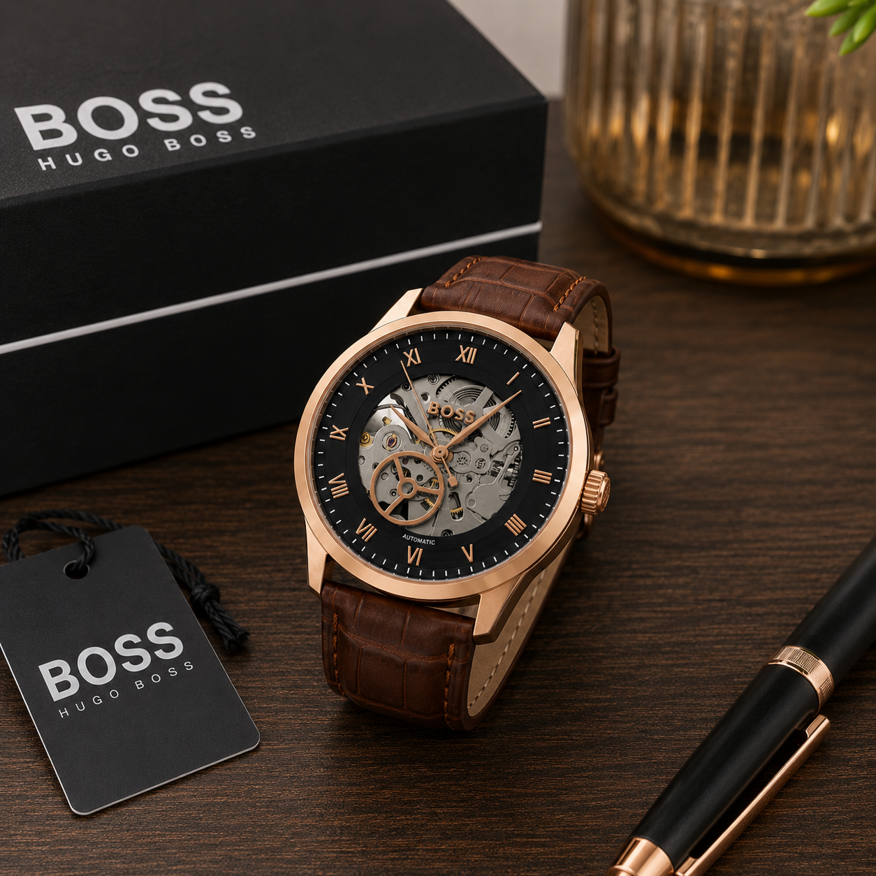 BO_SS Hu_go Bo_ss Automatic Skeleton Men’s Watch – Rose Gold Case & Brown Leather Strap