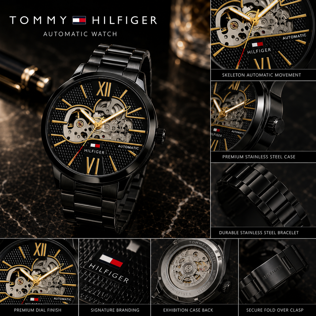 Tom_my Hilf_iger Automatic Skeleton Men’s Watch – Black Stainless Steel & Gold-Tone Dial