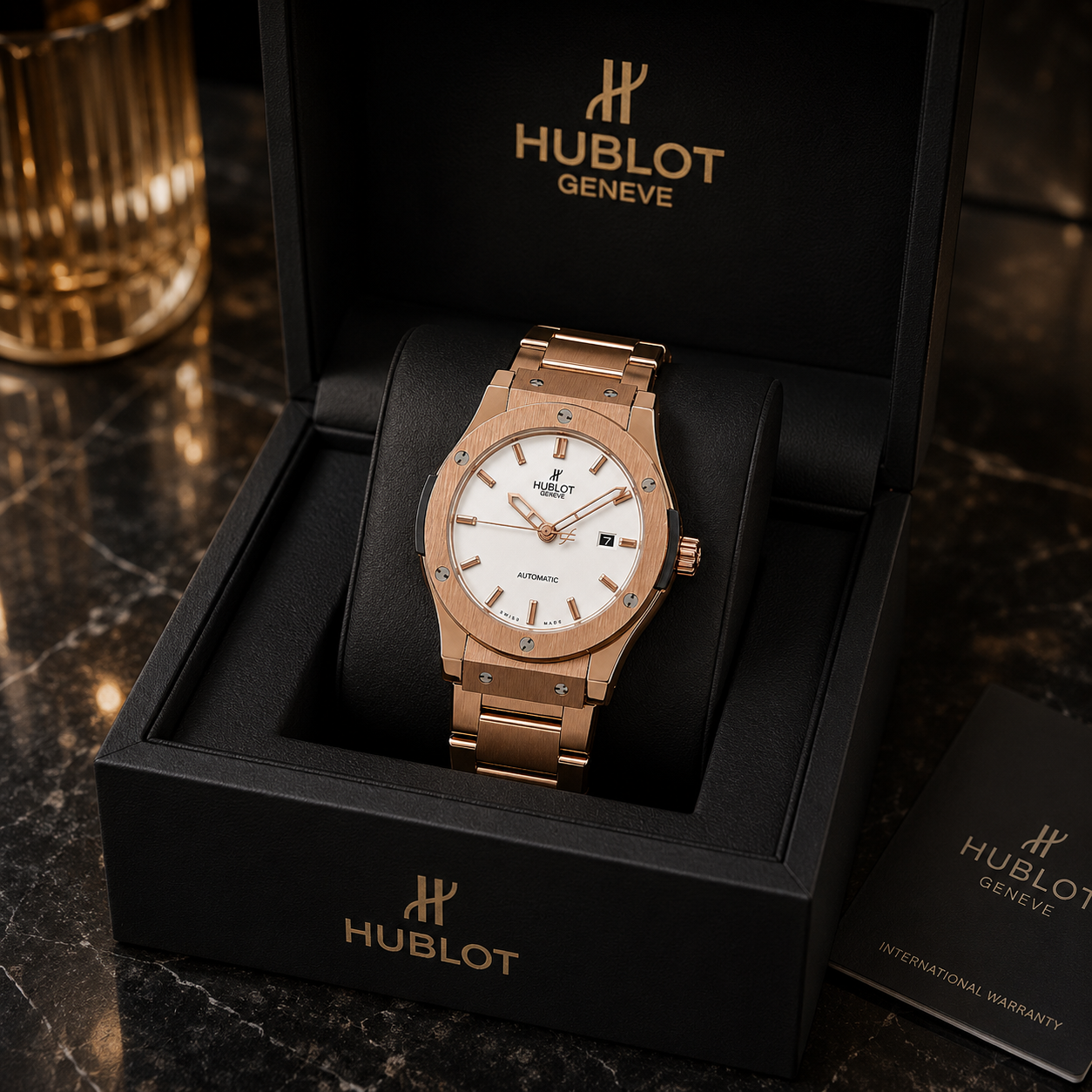 Hub_lot Classic Fusion Rose Gold Automatic Men’s Watch – White Dial