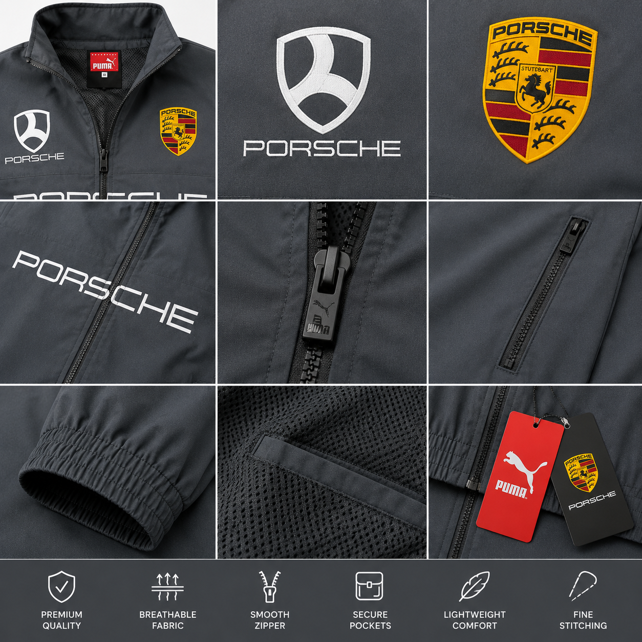 Por_sche Motor_sport x Pu_ma Men’s Charcoal Grey Racing Track Jacket – Premium Zip-Up Jacket