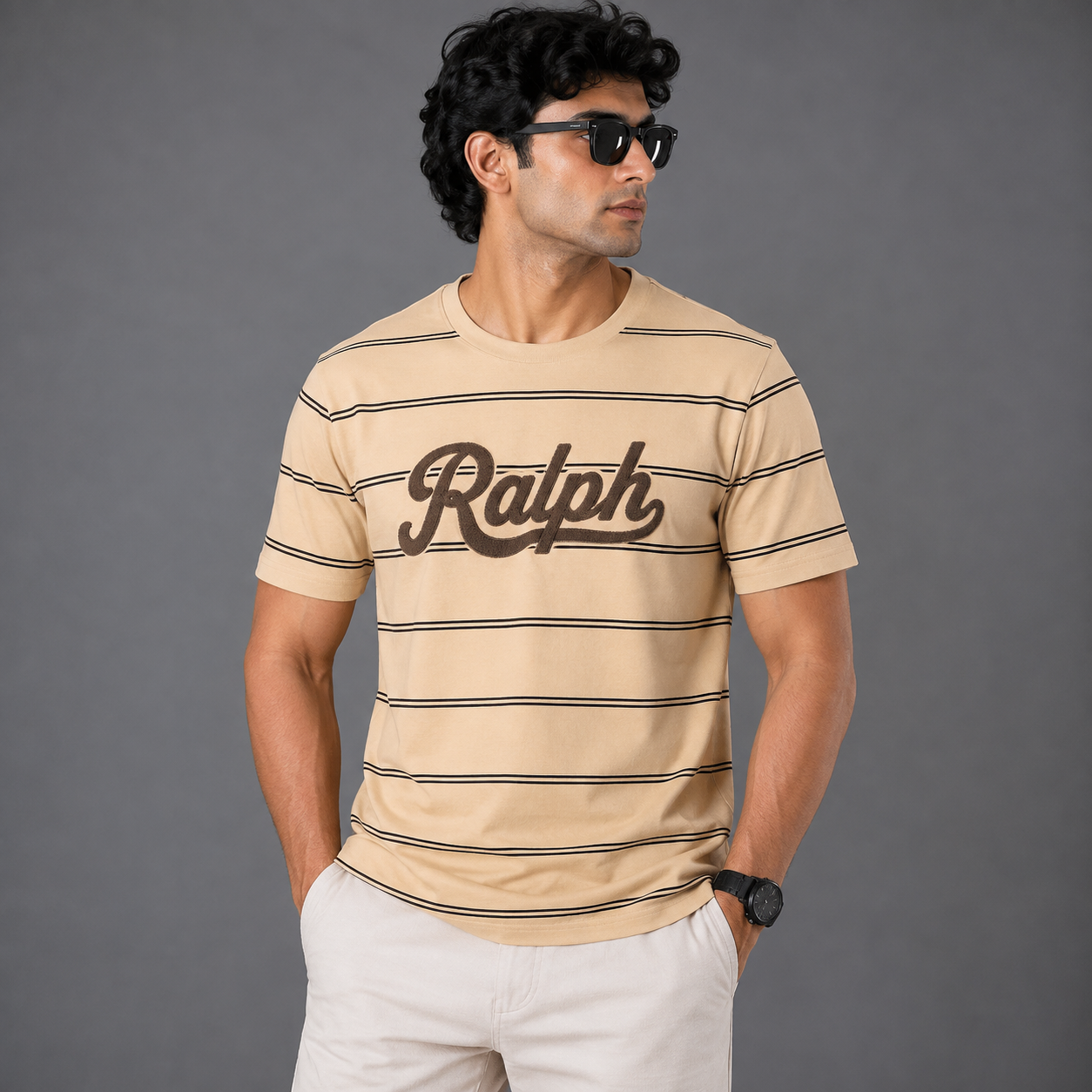 Po_lo Ra_lph Lau_ren Men’s Dark Cream Striped Crew Neck T-Shirt – Brown Ralph Embroidered Logo