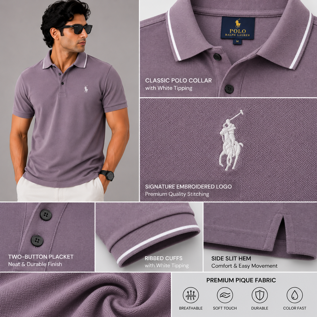 Po_lo Ral_ph Lau_ren Men’s Light Purple Premium Polo T-Shirt – Signature Pony Logo & Contrast Tipped Collar
