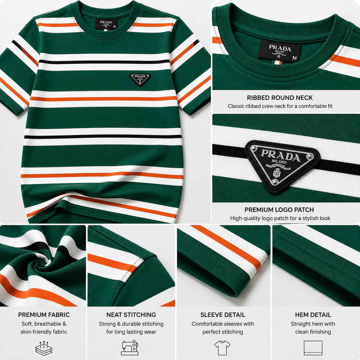 Pr_ada Men’s Premium Green Striped T-Shirt | Round Neck Half Sleeve Casual Tee