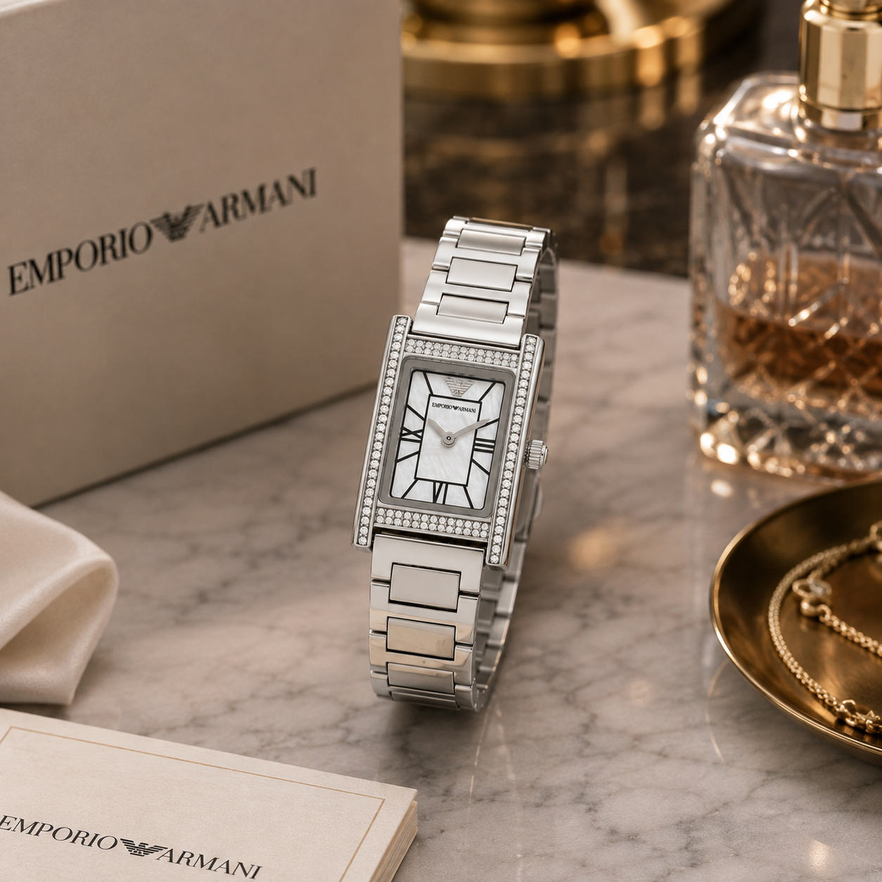 Em_porio Ar_mani Women’s Rectangular Crystal Watch – Mother-of-Pearl Dial & Silver Bracelet