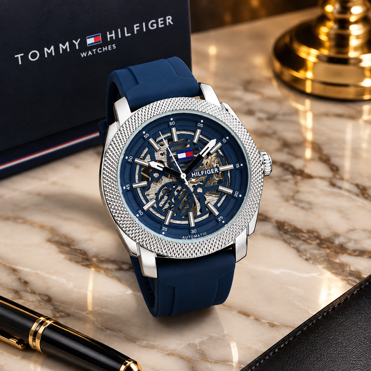 Tom_my Hilfi_ger Automatic Skeleton Dial Men's Watch – Blue Silicone Strap & Silver Case