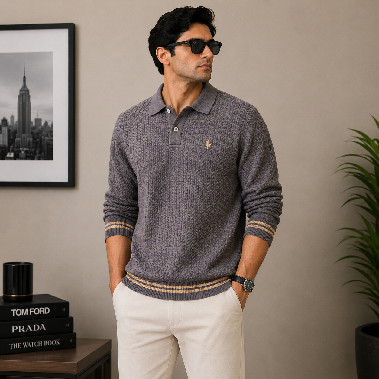 po_lo Men's Premium Grey Textured Knit Polo T-Shirt with Contrast Stripe Cuffs