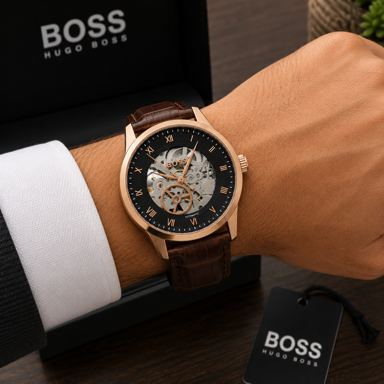 BO_SS Hu_go Bo_ss Automatic Skeleton Men’s Watch – Rose Gold Case & Brown Leather Strap
