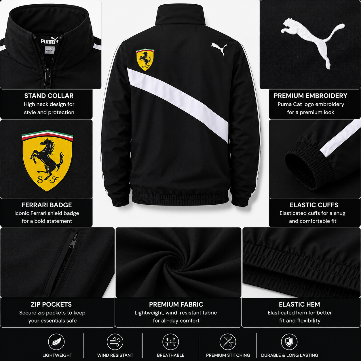 Puma Men's Black Ferrari Style Track Jacket | Lightweight Full Zip Sports Windbreaker
