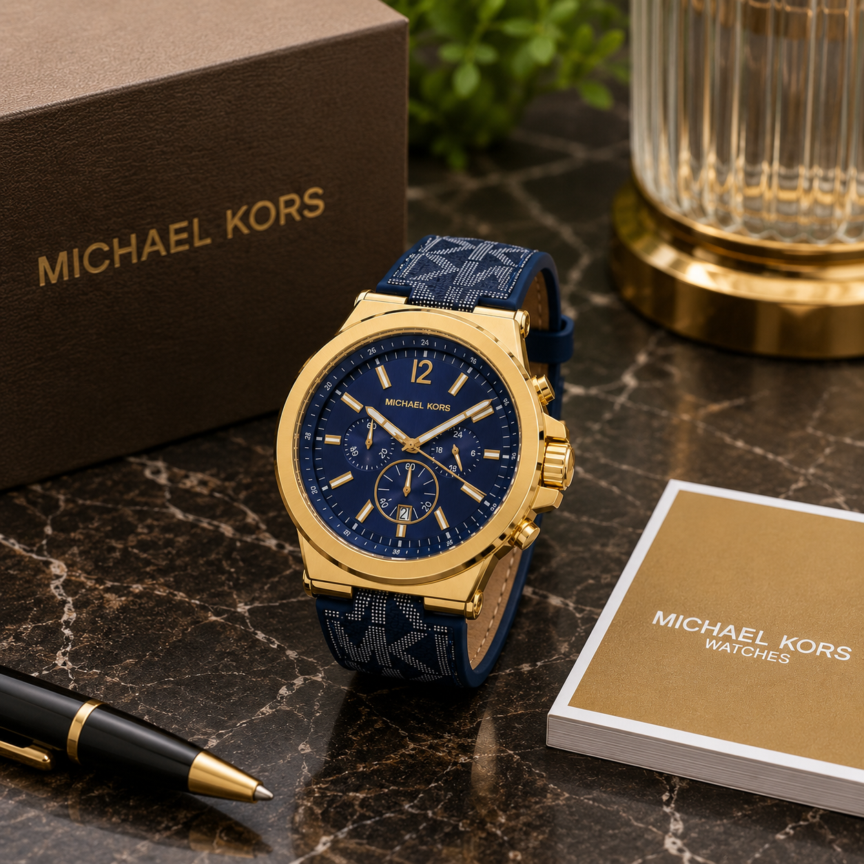 Mic_hael Ko_rs Gold-Tone Blue Dial Chronograph Watch with Signature Strap