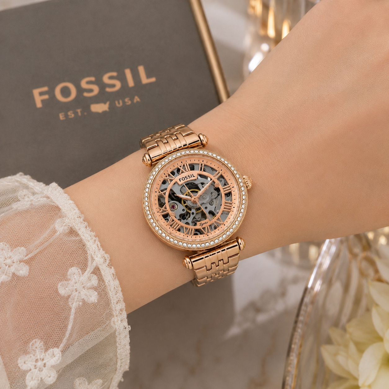 Fos_sil Lyric Women’s Rose Gold Automatic Skeleton Watch – Crystal Bezel & Stainless Steel Bracelet