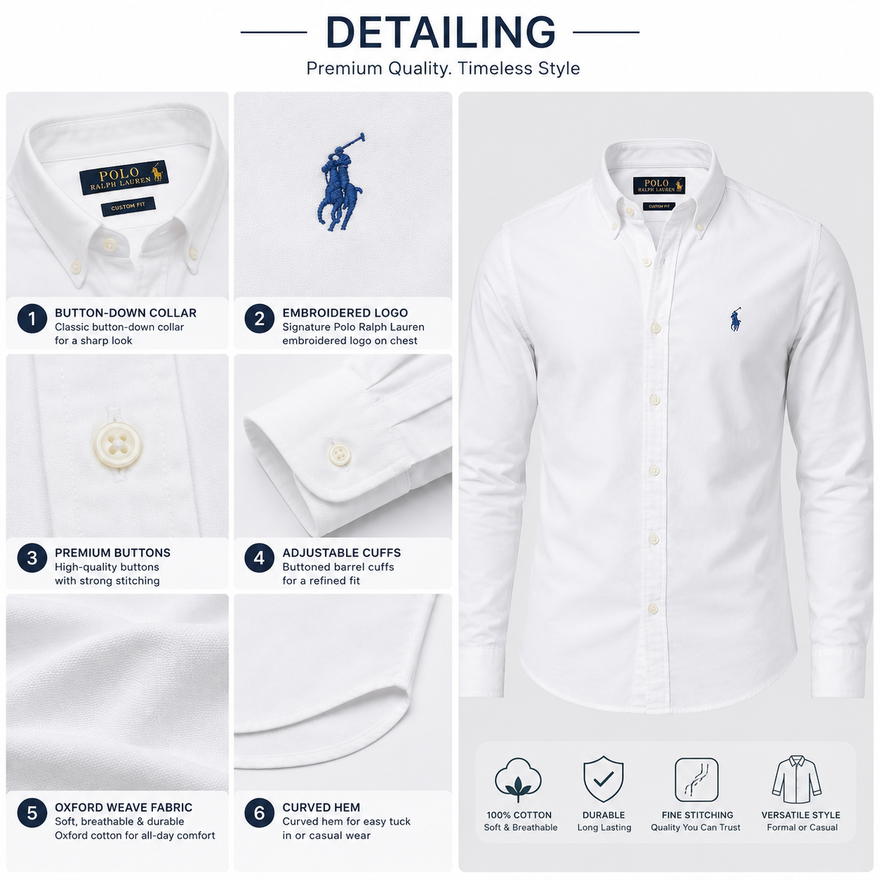 Po_lo RAL_PH LAUREN Men’s Premium White Oxford Button-Down Shirt – Classic Custom Fit