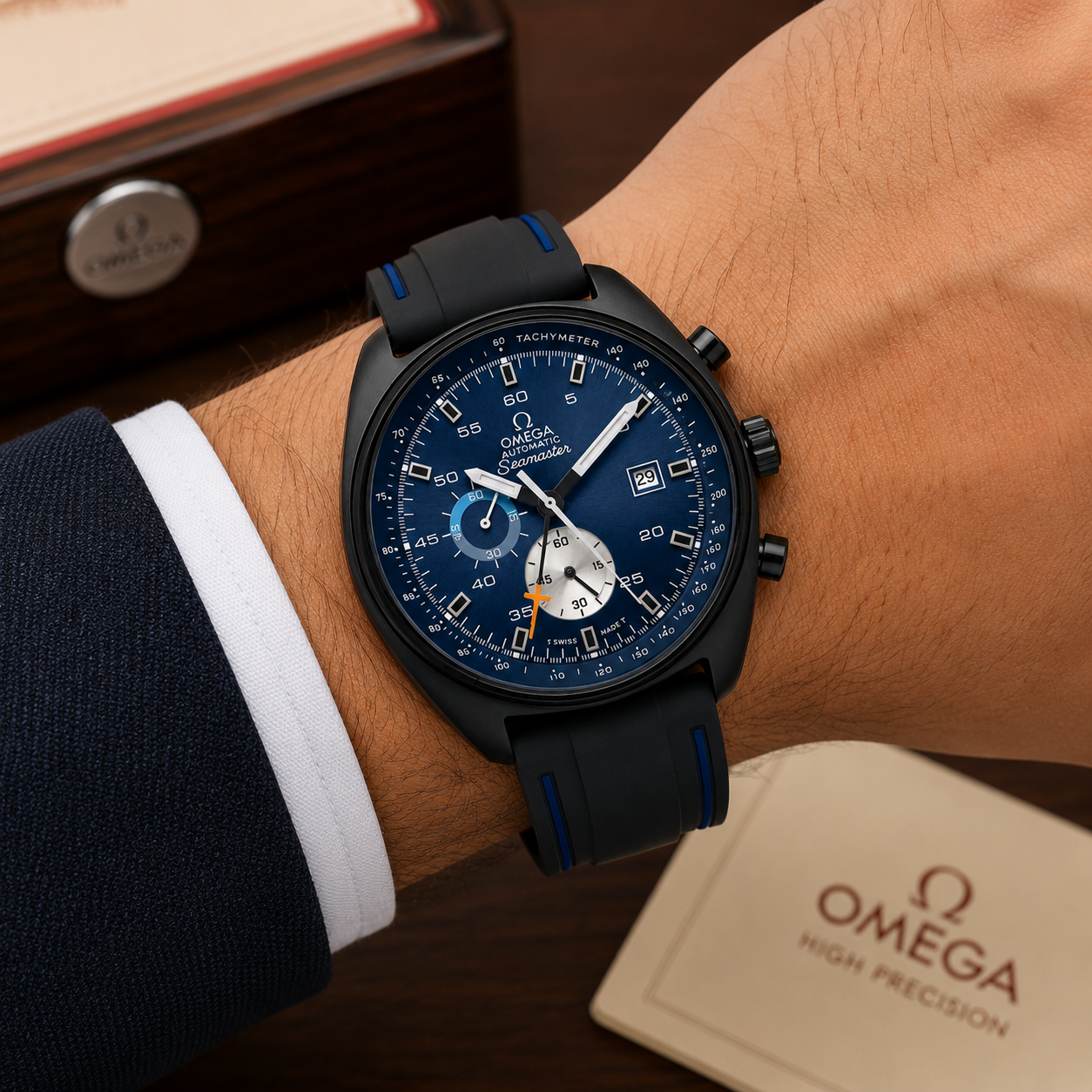 Om_ega Seamaster Automatic Chronograph Men’s Watch – Blue Dial & Black Rubber Strap