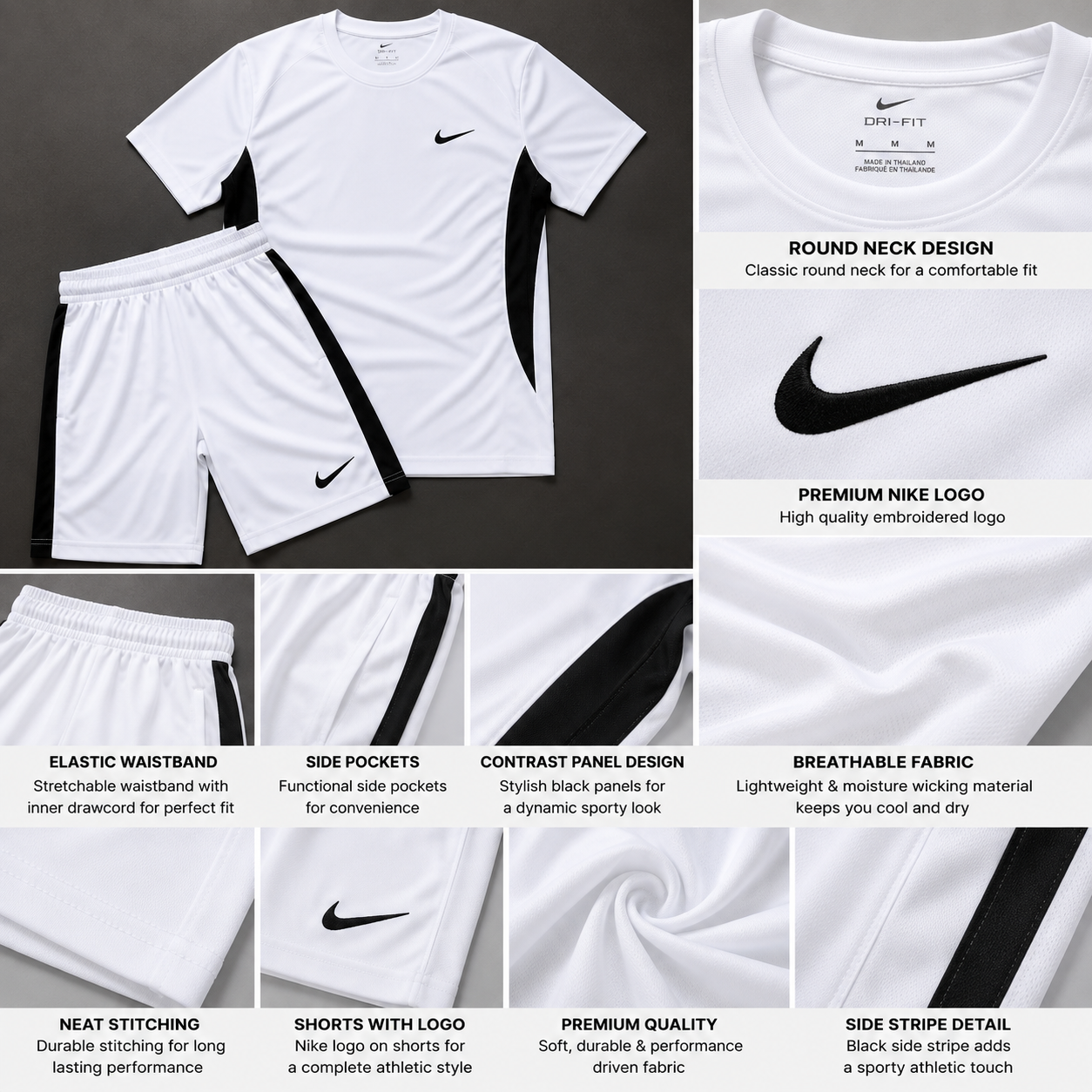 Ni_ke Men’s White & Black Sports T-Shirt & Shorts Co-ord Set | Premium Athletic Gym & Running Set