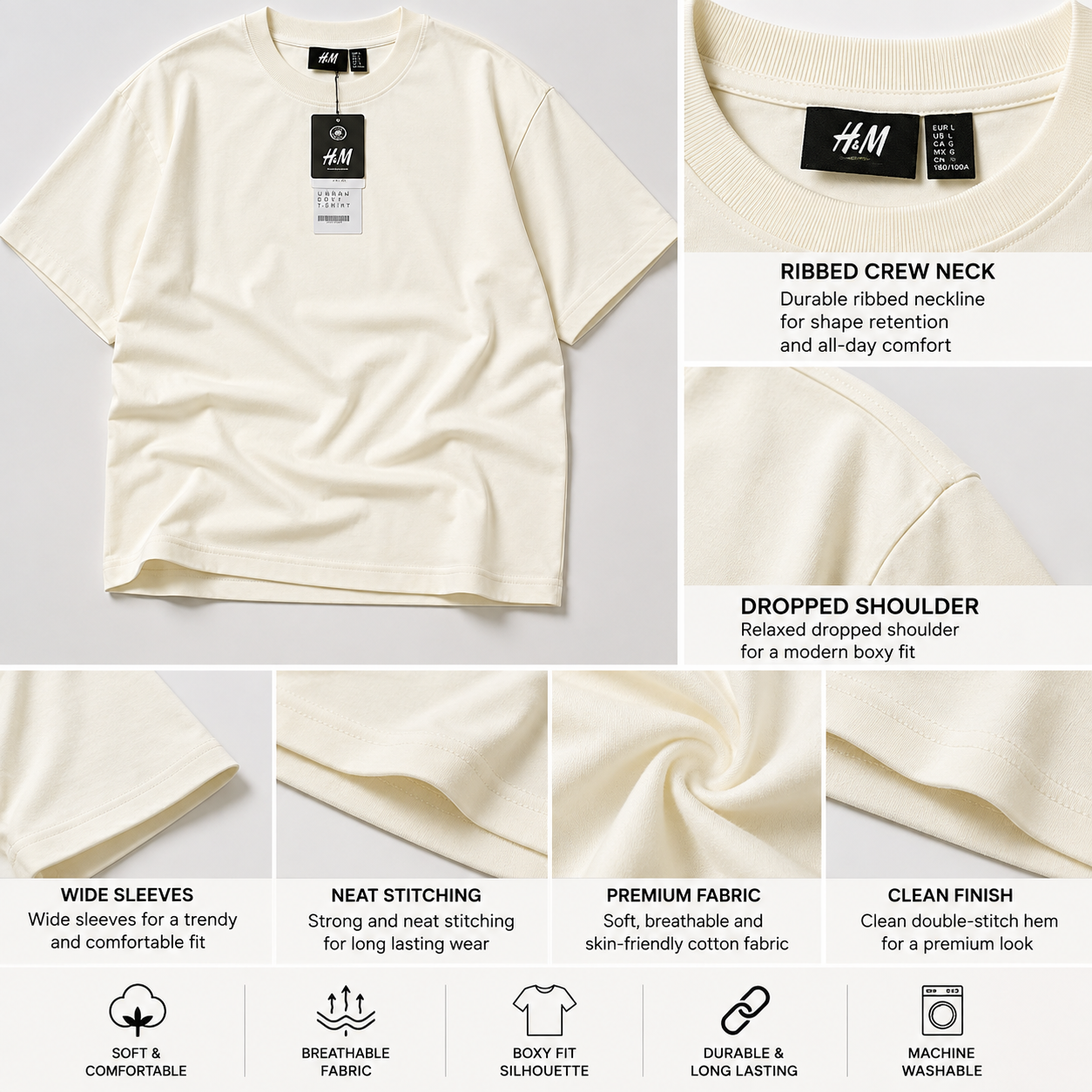 H_&_M Men’s Off-White Oversized T-Shirt | Premium Boxy Fit Crew Neck Tee