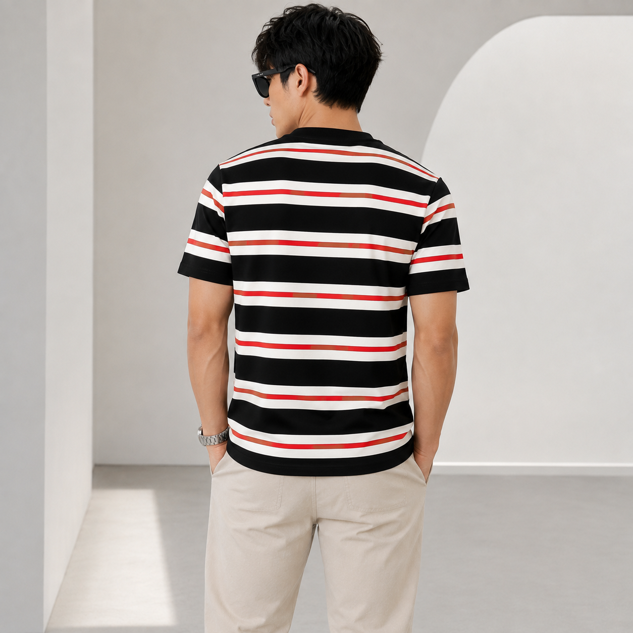 pr_ada Men’s Black Striped Premium T-Shirt | Contrast White & Red Stripe Casual Half Sleeve Tee