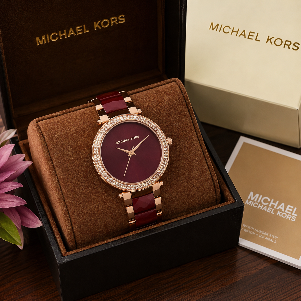 Mic_hael Ko_rs Burgundy Dial Crystal Bezel Ladies Watch